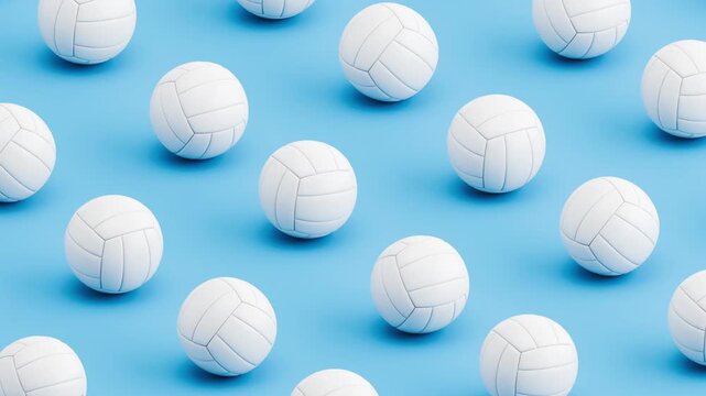 Seamless 3D Animation of Generic Volleyball Balls Rolling on Blue Background, Pattern Loop