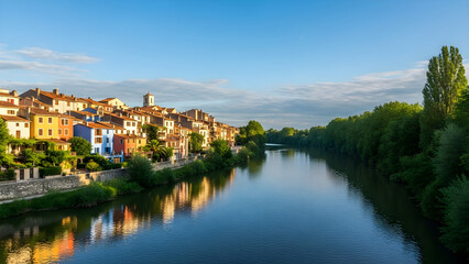 Obraz premium Serene river flows gently through a quaint town surrounded by lush greenery under a blue sky.