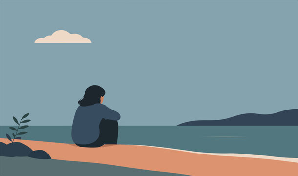 Loneliness Concept. Minimal flat illustration of a solitary woman sitting on a beach facing the sea. Emotional isolation, introspection, sadness, self-reflection or psychological well-being.
