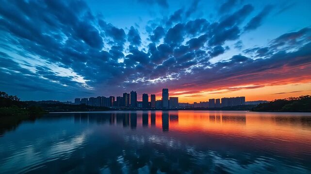 City skyline silhouettes at dusk with colorful twilight clouds and water reflections