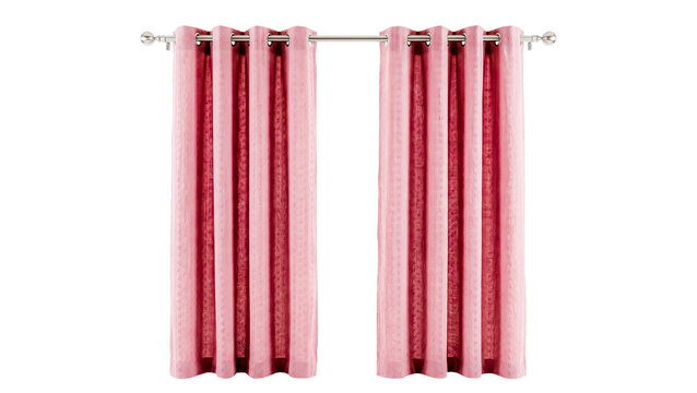 Two pink grommet curtains hanging on a silver curtain rod, isolated on transparent background