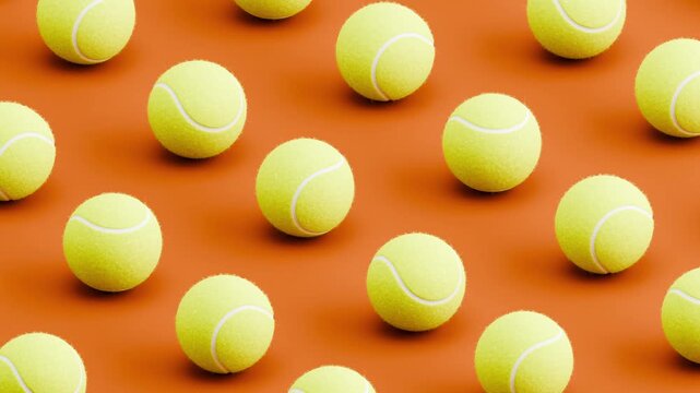 Seamless 3D Animation of Tennis Balls Rolling on Brown Background, Pattern Loop