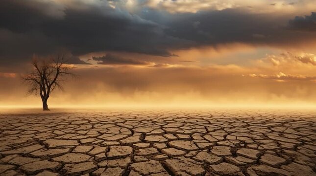 Dry land with cracked soil and a lone tree under a cloudy sky at sunset in an empty landscape