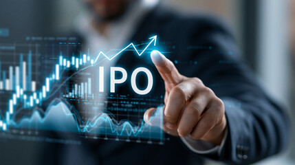 Fototapeta premium IPO Concept: A businessman's finger points to the IPO text displayed on a futuristic screen with a rising stock chart, symbolizing investment growth and financial success.