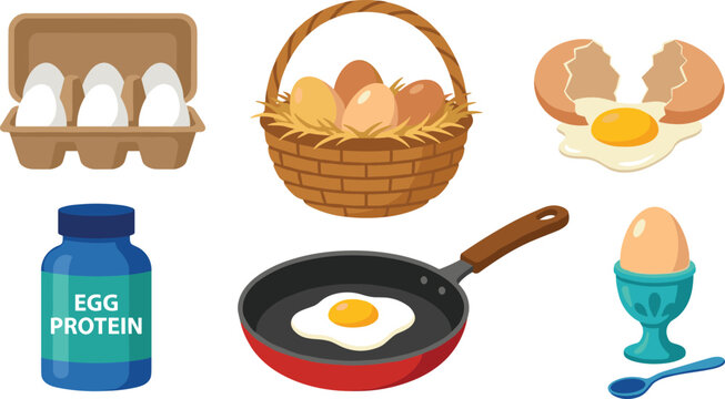Chicken egg production and cooking vector set featuring egg carton basket cracked shell frying pan supplement bottle and boiled egg cup isolated on white background