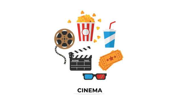 Cinema entertainment icons collection including popcorn film clapperboard and tickets arranged for movie theater promotion.