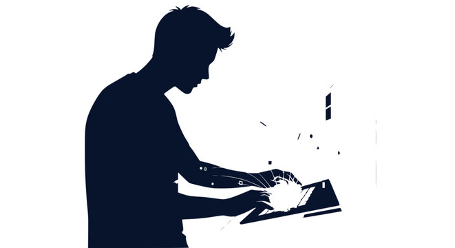 Silhouette of a Young Man Using a Digital Tablet with Abstract Light Effects