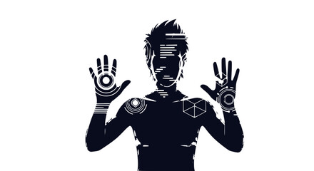 Futuristic man with digital interface projected on hands and body, cybernetic concept © Pratama