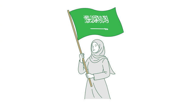 Saudi Arabian woman in hijab waving national green flag vector illustration with minimal flat color block style