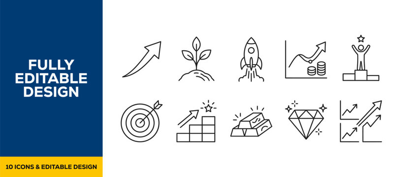 Business growth and financial success flat vector icon bundle illustration design for corporate marketing and investment strategy