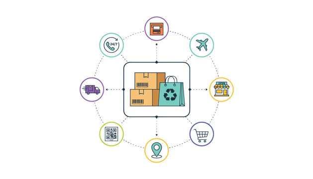 E-commerce logistics and shopping delivery cycle showing package boxes bag and various service icons in circular flow.