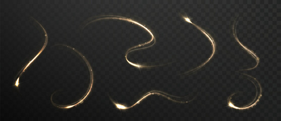 Magic golden light trail with sparkling particles and glitter dust. Elegant shooting star effect for Christmas, holiday and celebration designs. © Ann_Sereda