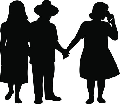 Couple holding hands silhouette with jealous woman talking on phone relationship conflict concept vector illustration