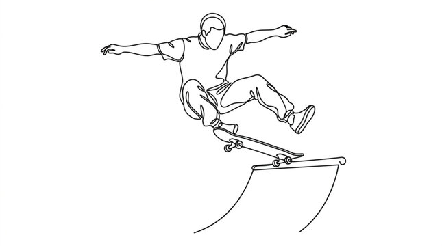 Skateboarder mid air trick single continuous line art vector illustration with minimal skatepark halfpipe ramp design outline