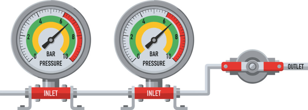 Dual bar pressure gauge manometer vector illustration featuring mechanical measurement dials pipe inlet and control valve isolated on white background