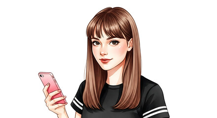 Naklejka premium Young Woman Holding a Pink Smartphone and Smiling with a Casual Black T-Shirt and Bangs Hairstyle