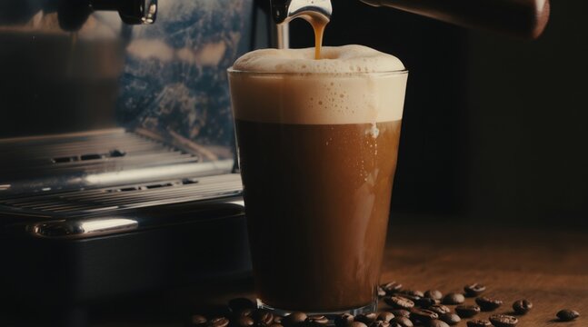 Dark roast nitro cold brew cascades into tall glass creating thick creamy foam. Coffee machine prepares refreshing beverage. Beans scattered on wood surface.