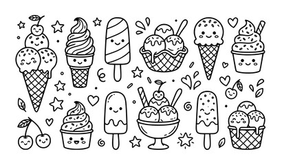 Cute Ice Cream Line Doodle Collection with Dessert Clipart and Sweet Symbols © Tohomina