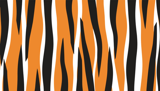 Bold decorative seamless pattern featuring black, orange, and white stripes inspired by tiger fur textures and animal skins.