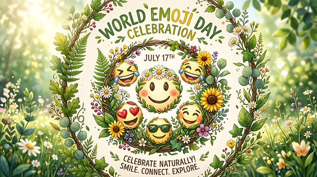 Colorful floral wreath celebrating World Emoji Day with smiling emoticons in summer garden