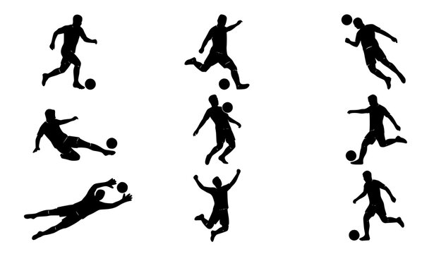 Soccer player silhouette vector set with football players in dynamic action poses including kicking dribbling and celebrating isolated on white background