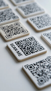 QR Codes arranged in a Grid: A collection of QR codes arranged in a systematic grid pattern, with one prominently featuring the text SCAN ME, suggesting digital interaction and connectivity.
