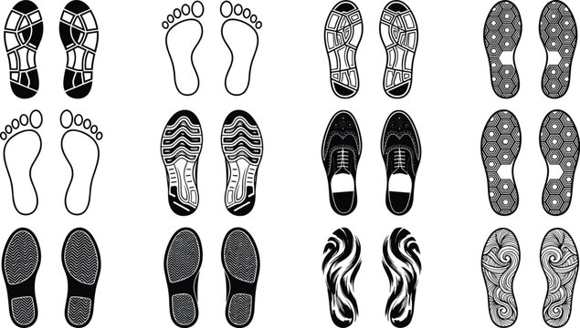 Shoe print and footprint vector silhouette collection featuring human barefoot tracks boot sole textures sneaker steps and running tread patterns isolated on white background