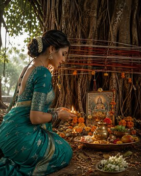 Indian women celebrating Vat Savitri Vrat, Vat Purnima (Pournima), Savitri Amavasya, Bargad Pooja, and the Banyan Tree Festival.