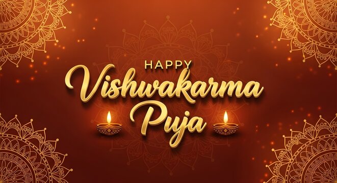 Happy vishwakarma puja greeting card with ornate mandala design and traditional oil lamps festive celebration artwork