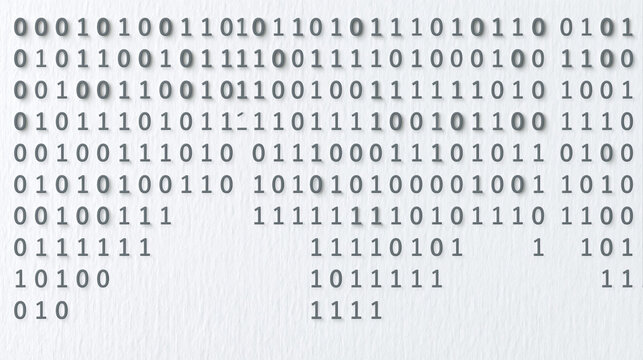 Binary Code Stream: A digital stream of binary code, composed of zeros and ones, flows across a textured surface, representing the fundamental language of computing and data.