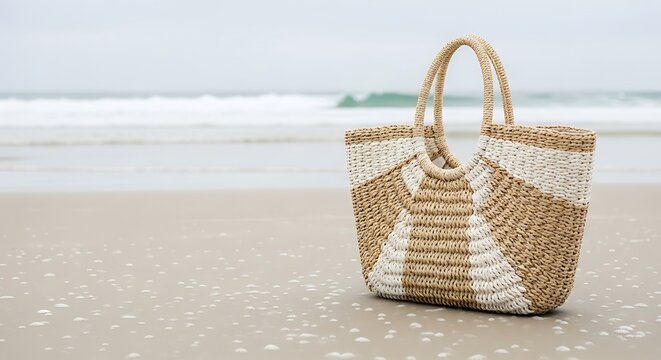 Woven beach bag with colorful patterns sitting on wet sand at the shore during a bright and sunny summer day vacation. beach bag rainy day
 