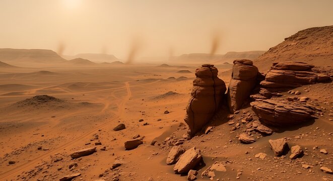 Arid desert landscape with wind formed rock formations and dust devils