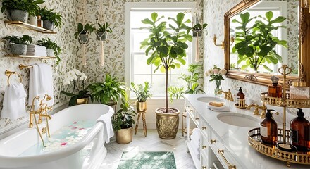 Fototapeta premium Lush indoor jungle bathroom with vintage freestanding tub and abundant houseplants