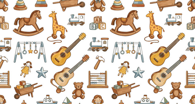 Vintage wooden baby toys seamless pattern featuring rocking horse giraffe pull toy guitar teddy bear train and blocks background vector illustration