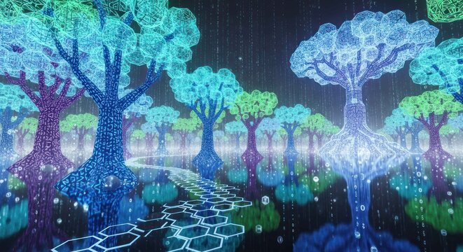 Digital forest with glowing trees and reflecting water