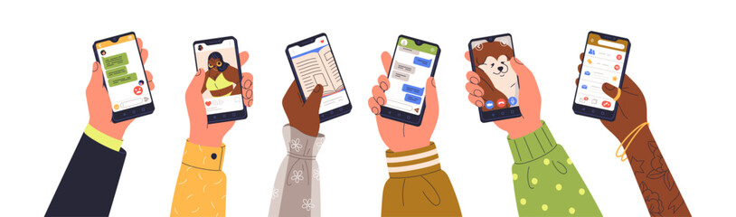 Fototapeta na wymiar Hands holding smartphone screens, using mobile apps, set. Chat, social media, mail and video call applications on smart phone, cellphone. Flat vector illustrations isolated on white background