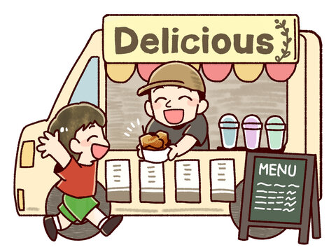 キッチンカーの屋台と子供