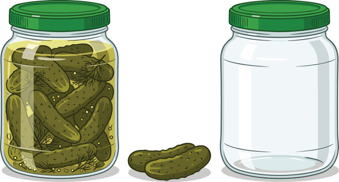 Pickled cucumber jars vector set featuring full glass jar with green lid empty jar and gherkins isolated on white background