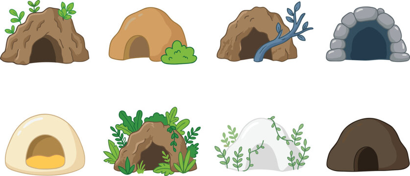 Prehistoric cave and animal burrow vector icon set featuring stone caverns rocky dens jungle grottos ice caves and underground shelters isolated on white background