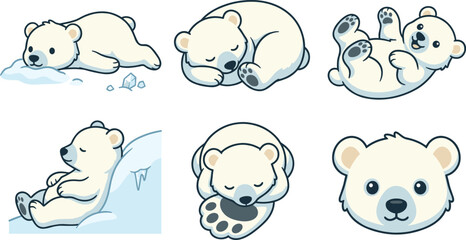 Cute Polar Bear Cub Vector Illustration Set Featuring Adorable Arctic Animal Character Poses Sleeping Playing and Resting for Children Graphic Designs © Sultana