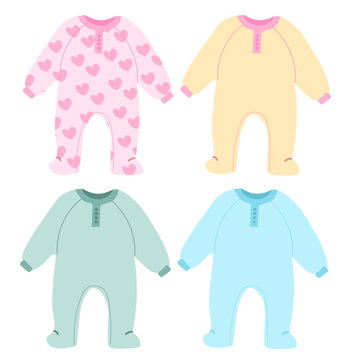 Pastel baby sleepsuits and cozy rompers collection with long sleeves for newborn clothing shops, nursery decor, greeting cards and parenting themes