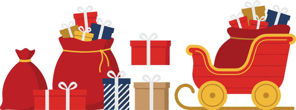 Christmas santa sleigh and gift sacks vector set featuring red wooden sled overflowing boxes packages ribbons and bows isolated on white background