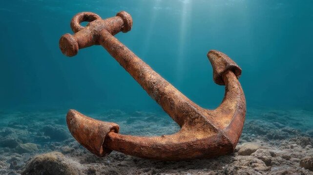 Old rusty metal anchor underwater on ocean floor with sunlight rays penetrating clear blue water creating serene marine atmosphere and textured seabed