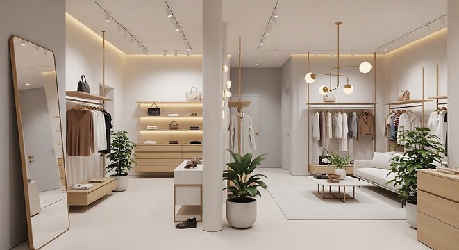 Modern minimalist retail store interior with clothing displays and natural elements