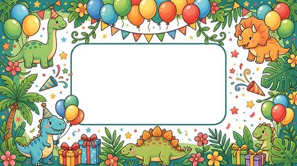 Fototapeta premium Colorful Dinosaur Themed Birthday Party Invitation with Balloons and Gifts