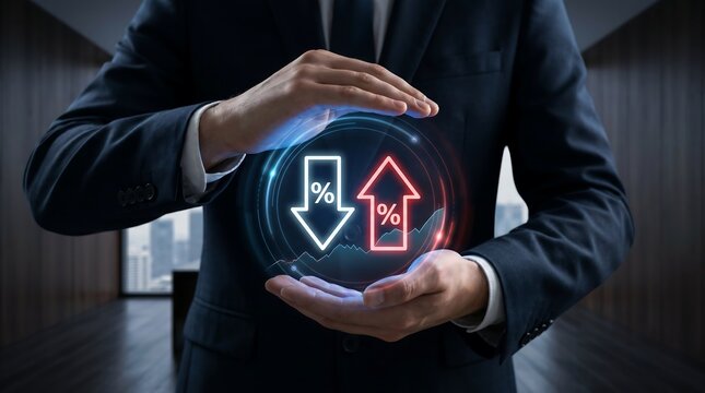 Businessman protecting glowing circular hologram with percentage increase and decrease icons demonstrating financial risk management and market volatility control strategies