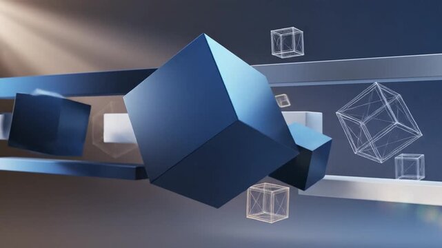 Abstract Geometric Digital Blockchain Network with Futuristic Cubes and Wireframes