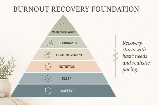 A pyramid diagram illustrates the Burnout Recovery Foundation, showing a hierarchy of needs from safety to meaningful work.