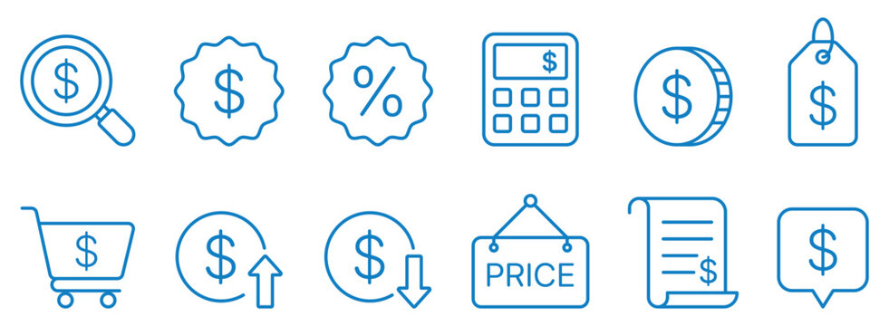 Price blue line icons set including magnifying glass with dollar sign badge percentage discount calculator coin tag shopping cart price increase decrease sign bill. Vector illustration.