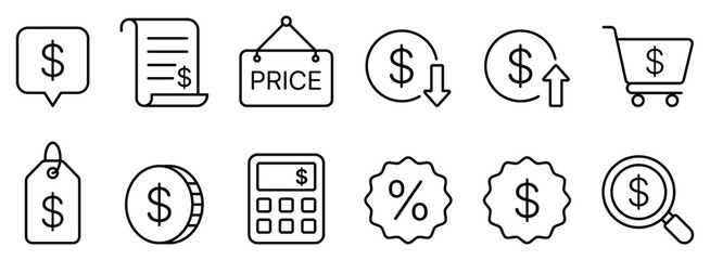 Price black line icons set with financial tag calculator invoice chart and shopping cart for business commerce sales discount and marketing retail. Vector illustration. © Shekhar438